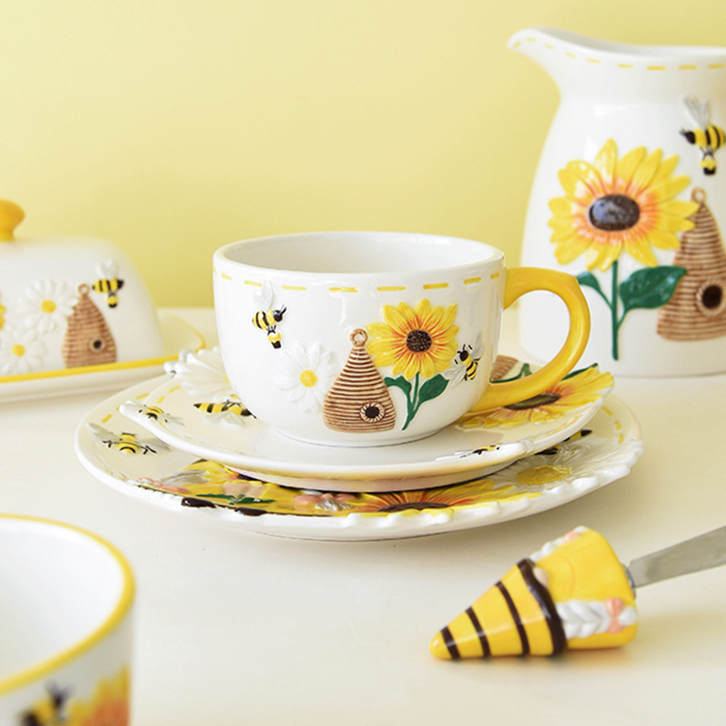 Spring Bee Sunflower Bowl Dish Plate Tableware Set Embossed Sealed Seasoning Western Style Ceramic Cup Pot