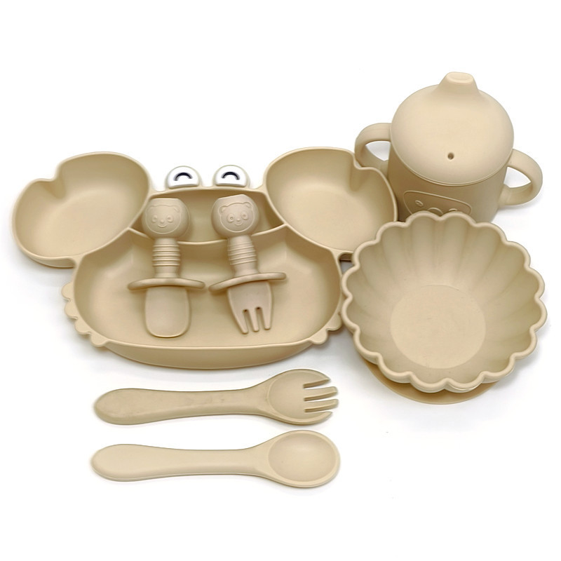 Plato de comedor para bebés tipo ventosa para bebés cubiertos para niños tazón especial para comer cucharas tazas conjunto completo de plato de partición de silicona tazón de alimentos suplementarios