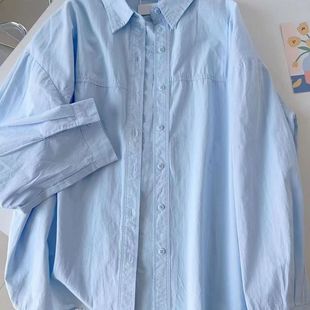 Blue cotton anti-button shirt women's long sleeve chic loose lazy wind super good-looking top shirt coat wholesale