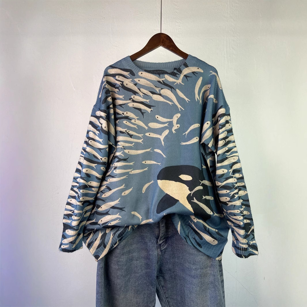 D83 Brushed Fish Pattern Pullover Sweater, Autumn/Winter New Cross-Border Style 3D Digital Print Women's Trendy Round Neck Long Sleeve Sweater