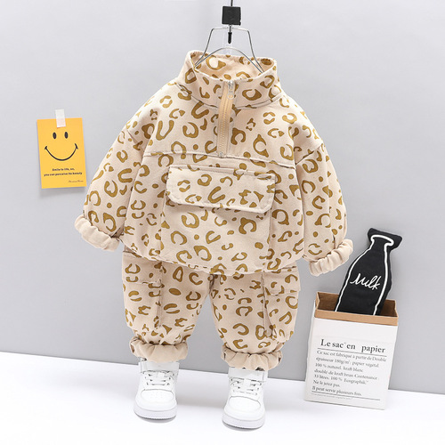 Children's Clothing Wholesale Children's Clothes Leopard Print Stand Collar Two-piece Set Boys Spring and Autumn Sports Suit Korean Style Baby Clothes