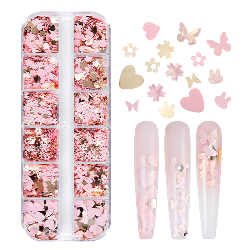 12-Grids Boxed Pink and Gold Butterfly Heart Flower Rabbit Manicure Sequins Beauty False Eyelashes Decorative Sequins