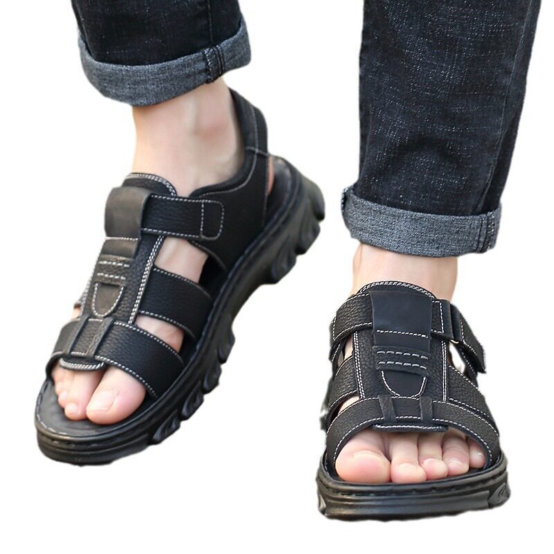 Dép sandal nam da bò hở ngón đi biển chống trượt — nâu, đen