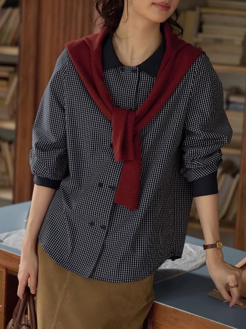このシャツもきれいでしょうフランスのレトロなダブルボタンの格子シャツの女性の秋冬のゆったりした長袖のシャツ|undefined
