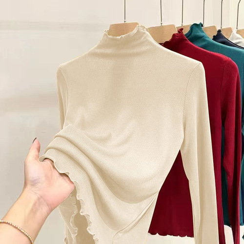 Mid-aged mom's ribbed half-high collar basic top women's innerwear autumn winter slimming mushroom edge long-sleeved T-shirt women's top