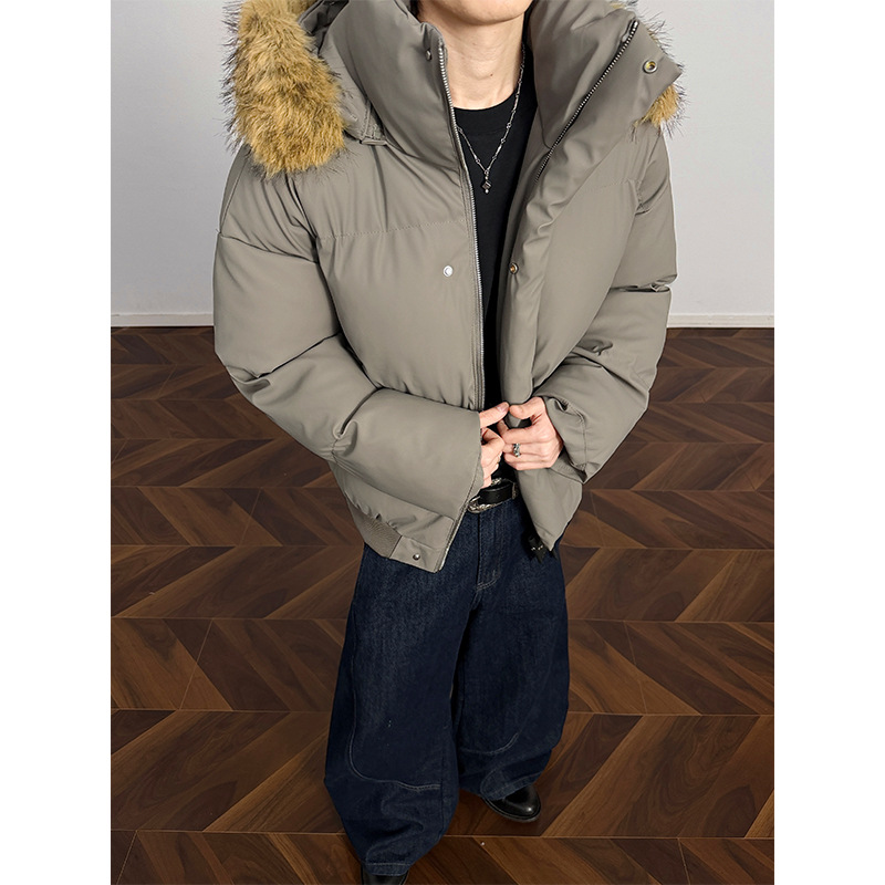 2025爆款美式复古纯色毛领连帽棉衣男潮牌宽松加厚保暖派克服外套