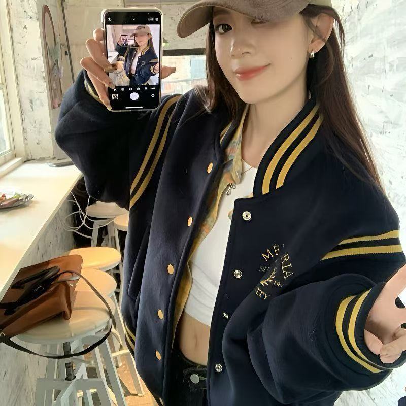 美式百搭夹棉棒球服外套女2025秋冬新款休闲拼色宽松加厚夹克上衣|undefined
