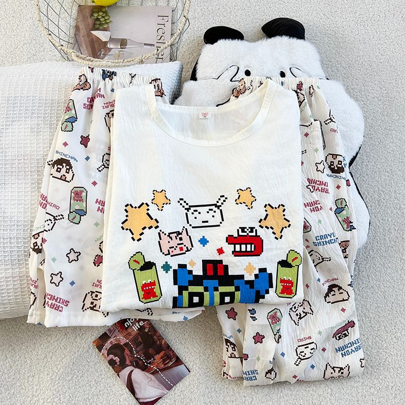 Pijamas de tres piezas jersey de verano para mujer traje de servicio a domicilio dulce y lindo nube algodón cuello redondo pantalones cortos de manga corta pantalones cortos