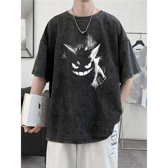 Gengar ヘビーメンズウォッシュ加工半袖 Tシャツ新しいオフショルダー漫画オーバーサイズ香港スタイル半袖 Tシャツ