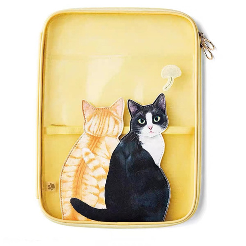 Cute creative curious cat looking back A4 transparent mesh file office storage bag student stationery zipper bag