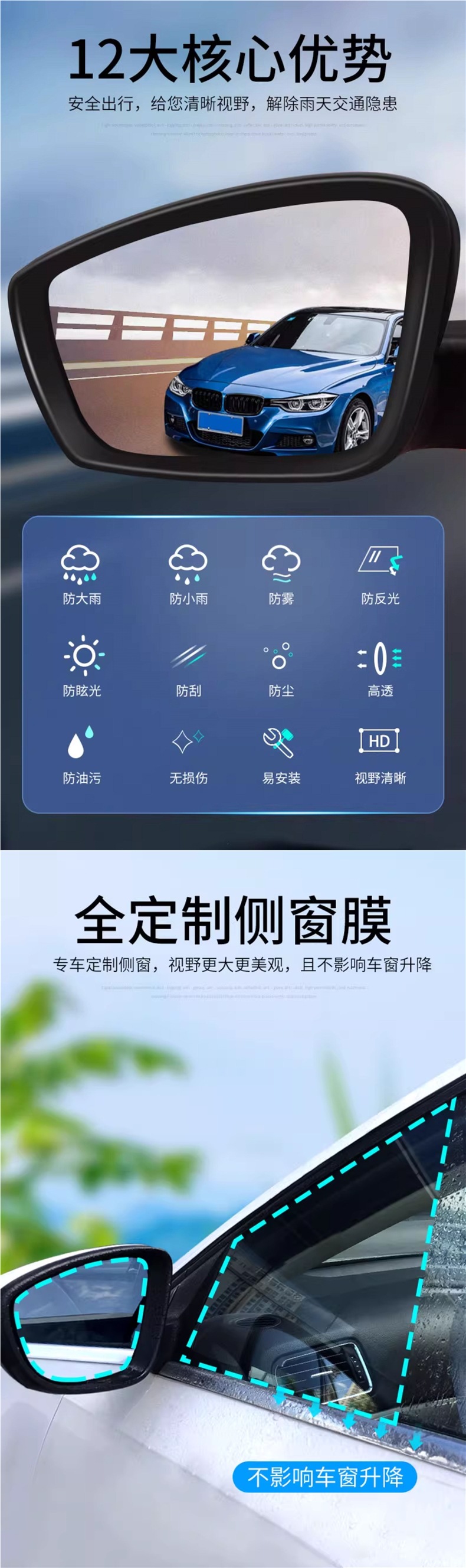 Car rearview mirror rainproof film, anti-rain water film, reflective reversing mirror, waterproof tool for car windows on rainy days