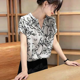 韩式V领短袖衬衫女夏新款爆款花卉印花洋气小衫减龄宽松百搭上衣