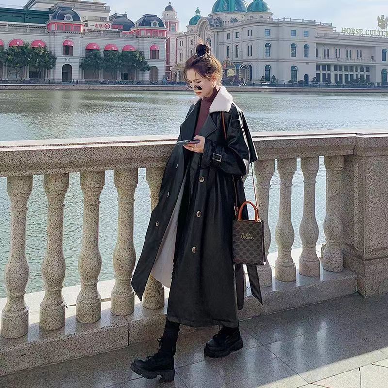 Black Fur Integrated Parka Women's Mid-Length Winter Versatile Fleece-Lined Thickened Motorcycle Cotton Leather Jacket Trendy