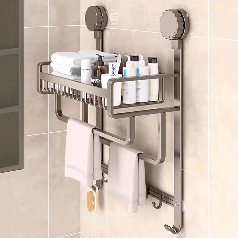 Suction Cup Bathroom Towel Rack Hole-free Shower Room Hanger Bathroom Storage Rack Glass Door Hanging Basket Clothes Storage