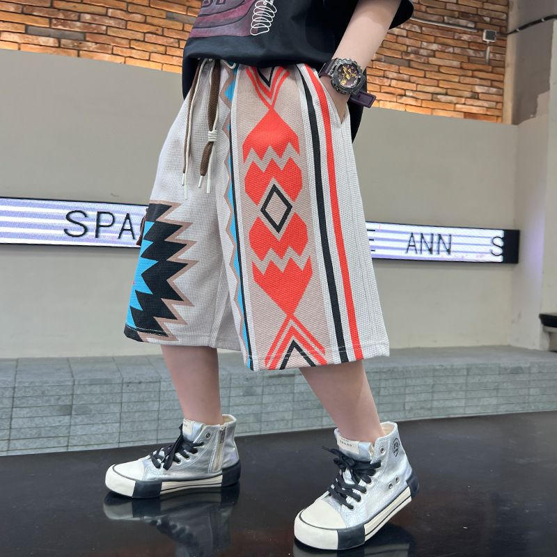 Short tricoté américain pour garçon, pantalon de plage cinq-en-un brodé à couleurs contrastées, nouvelle collection été 2024_voghion.com