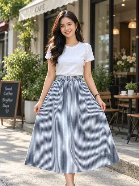 Cross-Border Exclusive Supply: Women's Spring/Summer High-Waisted Long Skirt with Pockets, Vertical Stripes, Cool Drape, and Wide Flare