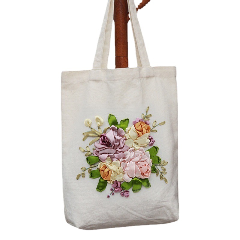 Hecho a mano DIY cinta bordada bolsa de lona Lu bordado solo hombro bolso tridimensional bordado flor lienzo mujer bolsa grande