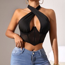 跨境亚马逊速卖通欧美性感网纱拼接挂脖文胸交叉设计鱼骨女士胸衣