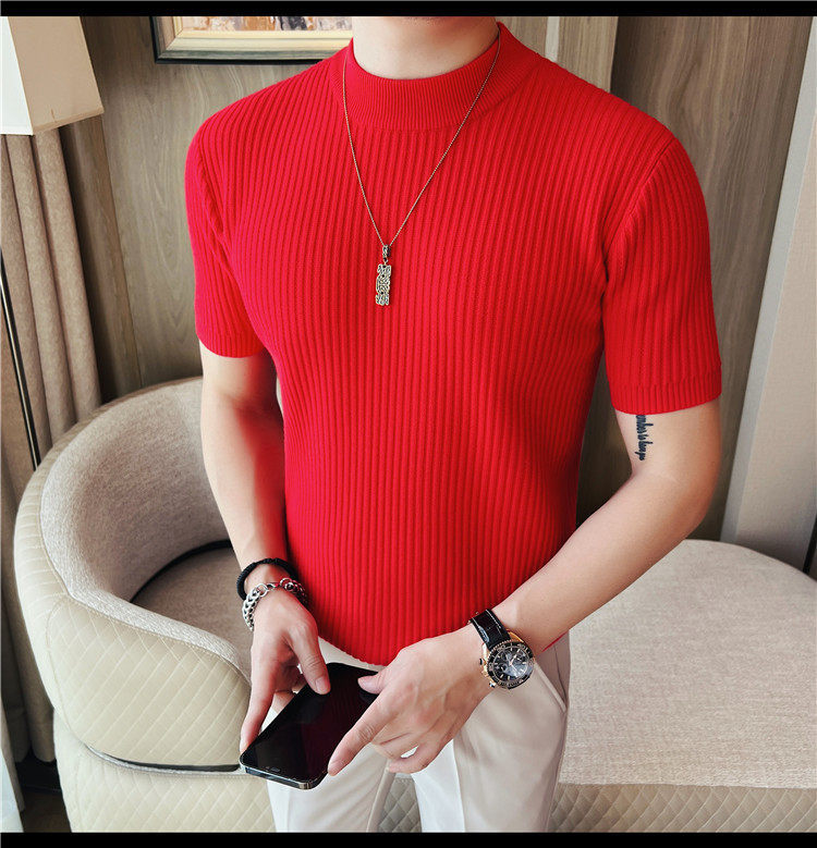Herren Schwarz Hochgeschlossener Kurzarm Strickpullover Slim Fit_voghion.com