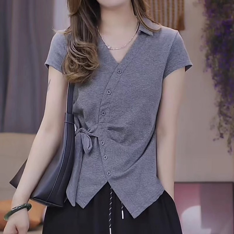 Áo thun nữ tay ngắn thiết kế kiểu Pháp, eo thon, thắt nơ xếp ly màu tím — Màu hồng tím chi tiết 7