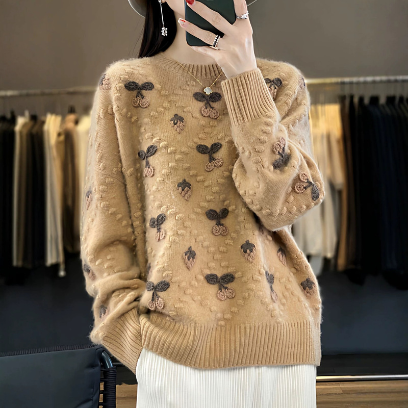 New autumn and winter women's knitted sweater with round neck, cherry crochet pattern, pullover style, casual loose fit, slimming top, base shirt