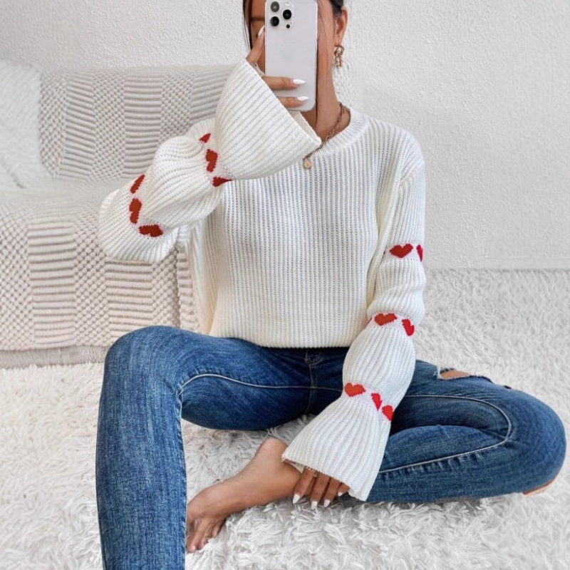 Autumn and Winter Cross-Border European and American Knitwear Women's Amazon Loose Long-Sleeved Striped Elbow Heart Pullover Round Neck Knitwear