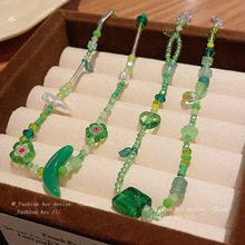 薄荷绿色花朵月牙珍珠琉璃项链文艺小清新锁骨链气质高级感项饰女