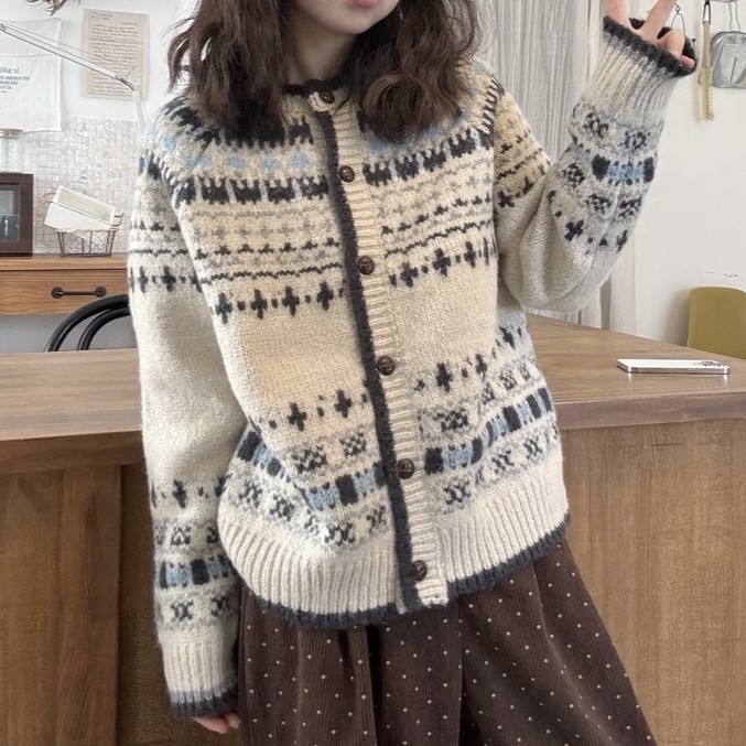费尔岛提花韩系减龄针织开衫外套秋冬新款时尚百搭少女风毛衣上衣|undefined