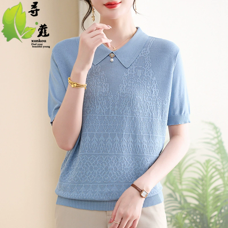 2025 Мама 50-летняя рубашка с короткими рукавами модная вязаная рубашка среднего возраста маленькая рубашка женская свободная лацканная одежда