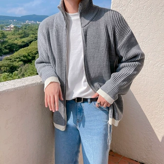 【清仓】半高领开衫毛衣男士秋冬季韩版宽松慵懒风纯色拉链针织