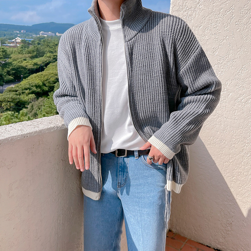 【Clearance】Half-Turtleneck Cardigan Sweater for Men, Autumn and Winter Korean Style, Loose and Casual, Solid Color Zipper Knit