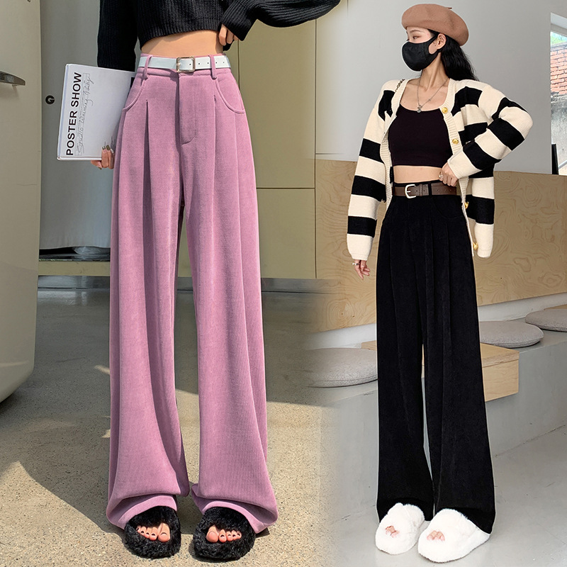 가을과 겨울 기모 탄성 유럽면 벨벳 높은 허리 넓은 다리 캐주얼 바지 여성 키 큰 CHENILLE CORDUROY