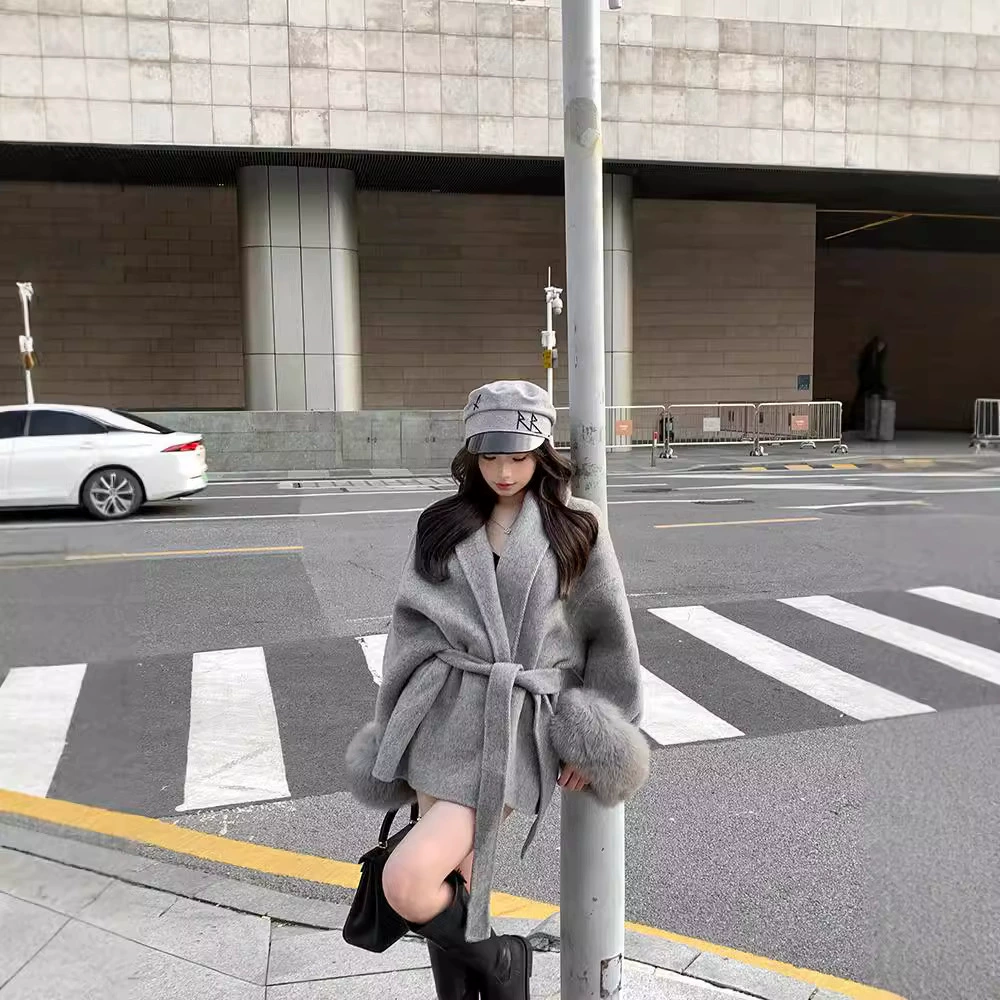 [Фабрика спот] Серый ремешок для талии шерстяная куртка женский осенний и зимний длинный рукав свободное пальто