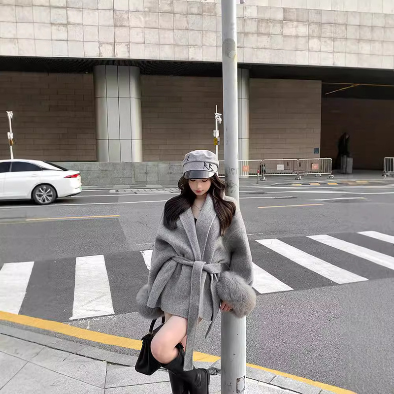 [Factory in stock] Grey Tape Waist Wool Coat Women's Autumn and Winter Long Sleeve Loose Coat Mid-length Top
