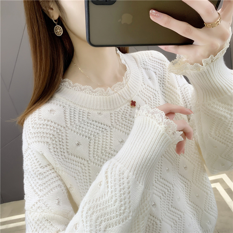 Lace Round Neck Hollow Knit Loose Sweater NSFYF85628