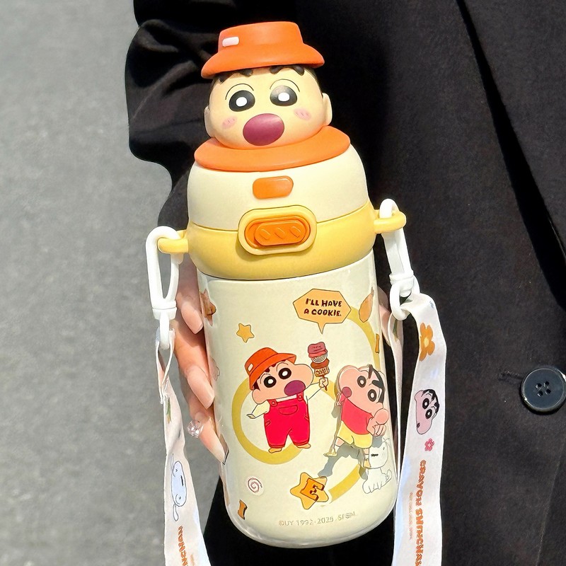 蜡笔小新儿童保温杯男女孩316不锈钢带吸管幼儿园可斜挎双饮水壶|undefined