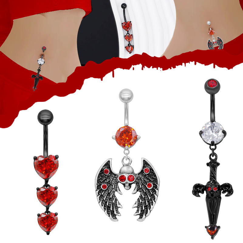 Halloween Ghost Head Belly Button Ring Demon Bat Zircon Jewelry_voghion.com