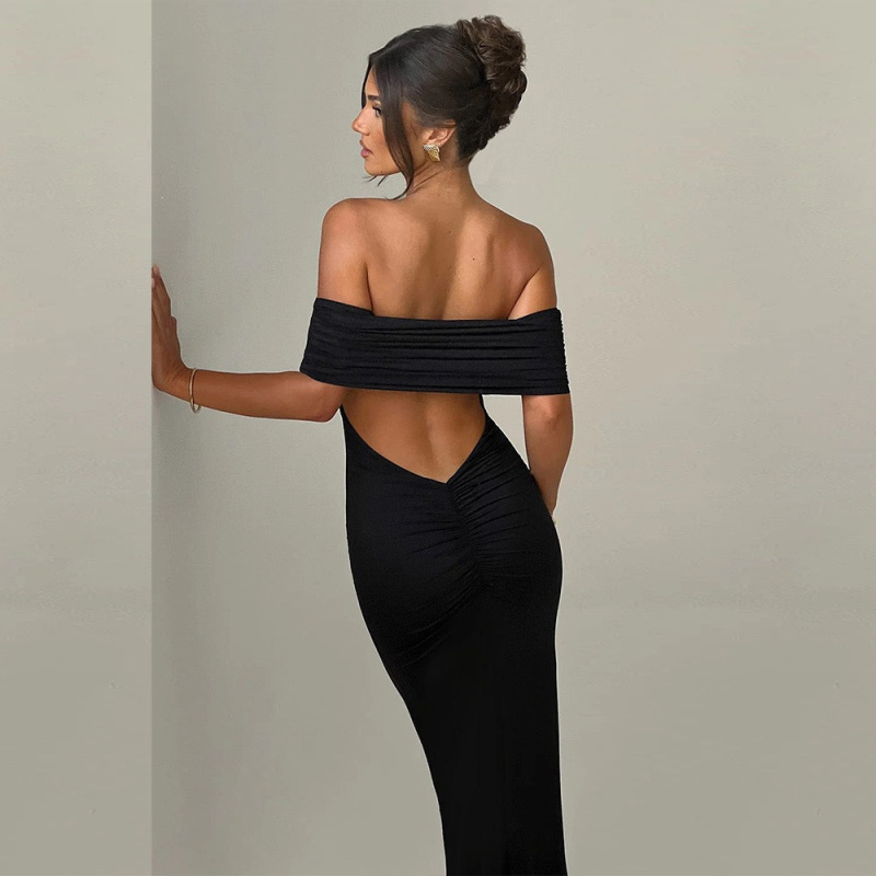 European and American Summer Cross-Border Foreign Trade Women's Clothing Hot-Selling Sexy and Elegant One-Shoulder Backless Ruched Low-Waist Dress Wholesale