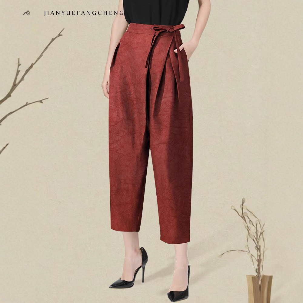 新中式国风系带高腰休闲裤女2025秋提花萝卜裤七分裤气质宽松裤子