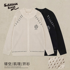 美式复古绣章运动棒球服外套秋冬镂空肌理插肩袖拉链情侣针织开衫