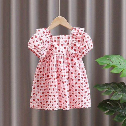 Girls dress, summer dress, Korean style children's dress, small children's flying sleeve princess dress, fashionable baby girl's love short-sleeved dress