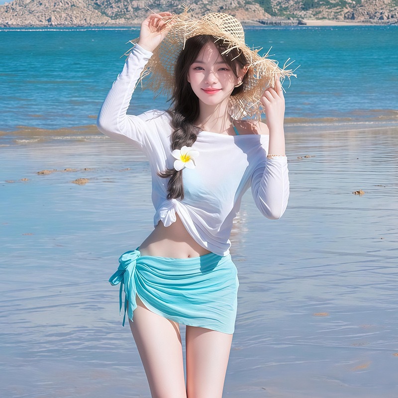 Special Collection: Sweet Girl Swimsuit Three-Piece Set with Long-Sleeve Cover-Up Dress Style, Sexy and Slimming, Covers the Body, Suitable for Hot Springs