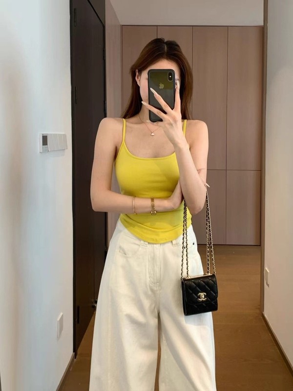 AY94 3D立体模杯胸垫一体超弹力细肩带辣妹蝴蝶结露背吊带背心|undefined