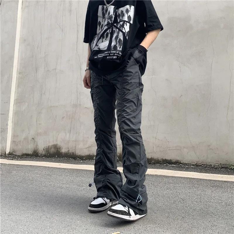 High Street Functional Vibe Style Folded Stacked Micro Horn Long Pants for Men's American Slim Fit Street Instagram Versatile Casual Pants_voghion.com