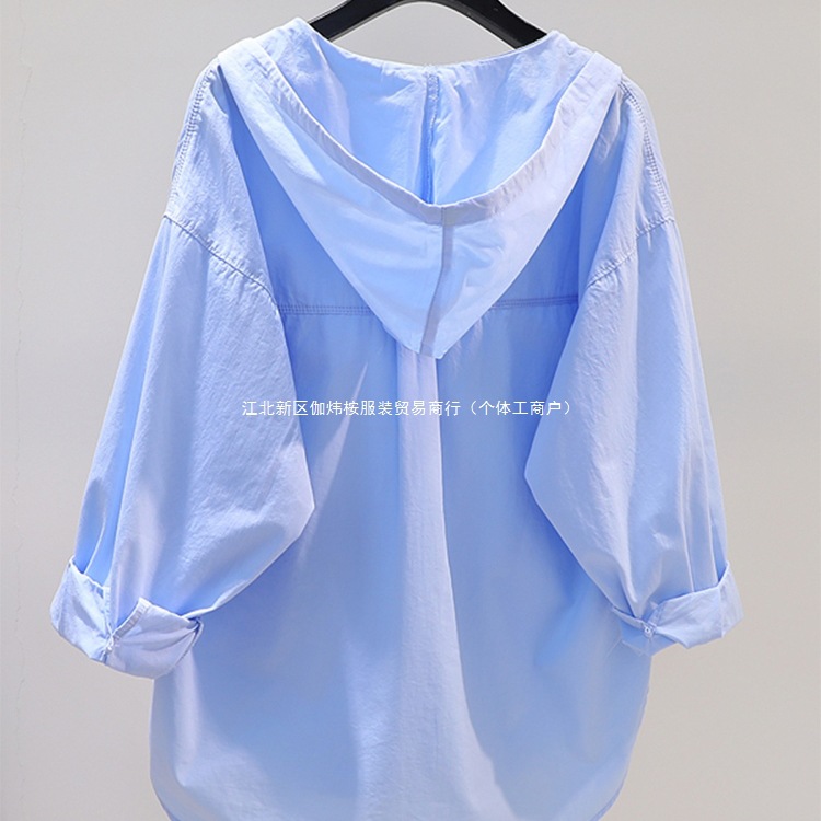 Light Blue Cotton Shirt Women's Loose Hooded Shirt Sun Protection Shirt 2025 Summer Literary Style Casual Top Cardigan