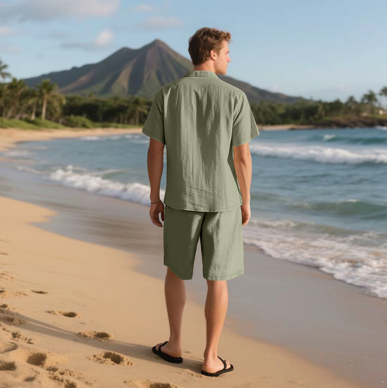 Herren Leinenhemd Mit Shorts Set Sommer Freizeit Strandoutfit_voghion.com