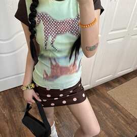 纯欲风辣妹穿搭别致小众印花T恤个性撞色设计短袖上衣女夏季新款