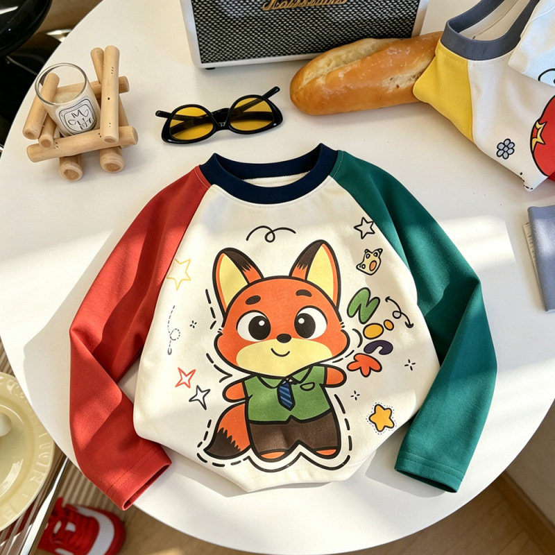 Color-blocked cartoon chubby Firefox print children's long-sleeved T-shirt boys' autumn Korean style casual and stylish round neck top