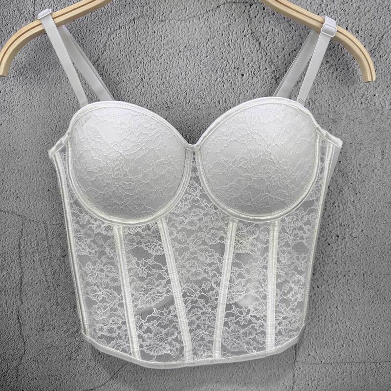 European and American Spice Girls Sexy Mesh Fishbone Lace Camisole Niche Design Sense Outfitting Bra with Chest Pad Steel Bra