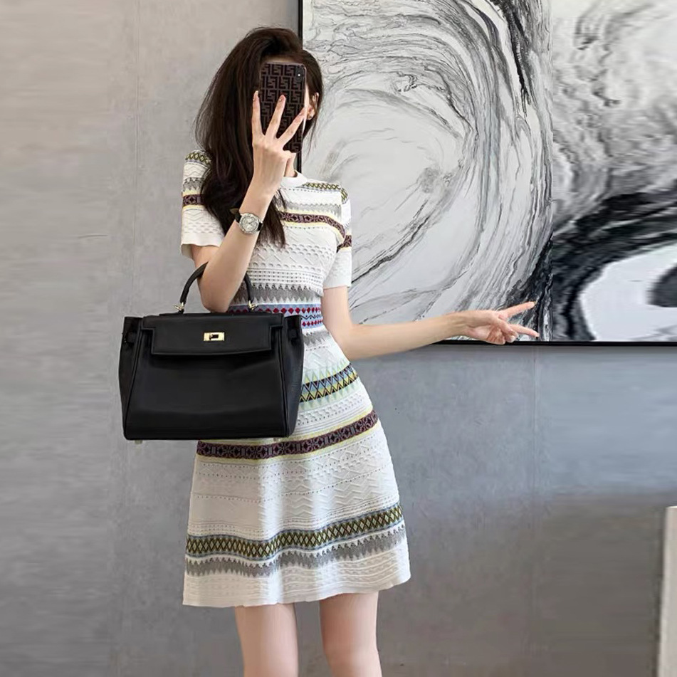 Váy dệt kim ngắn tay phong cách nữ thần sang trọng — màu xanh chi tiết 2
